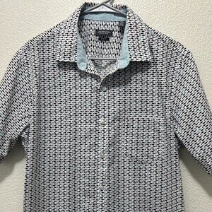 Van Heusen short sleeve button down white and black shark print top, men's L